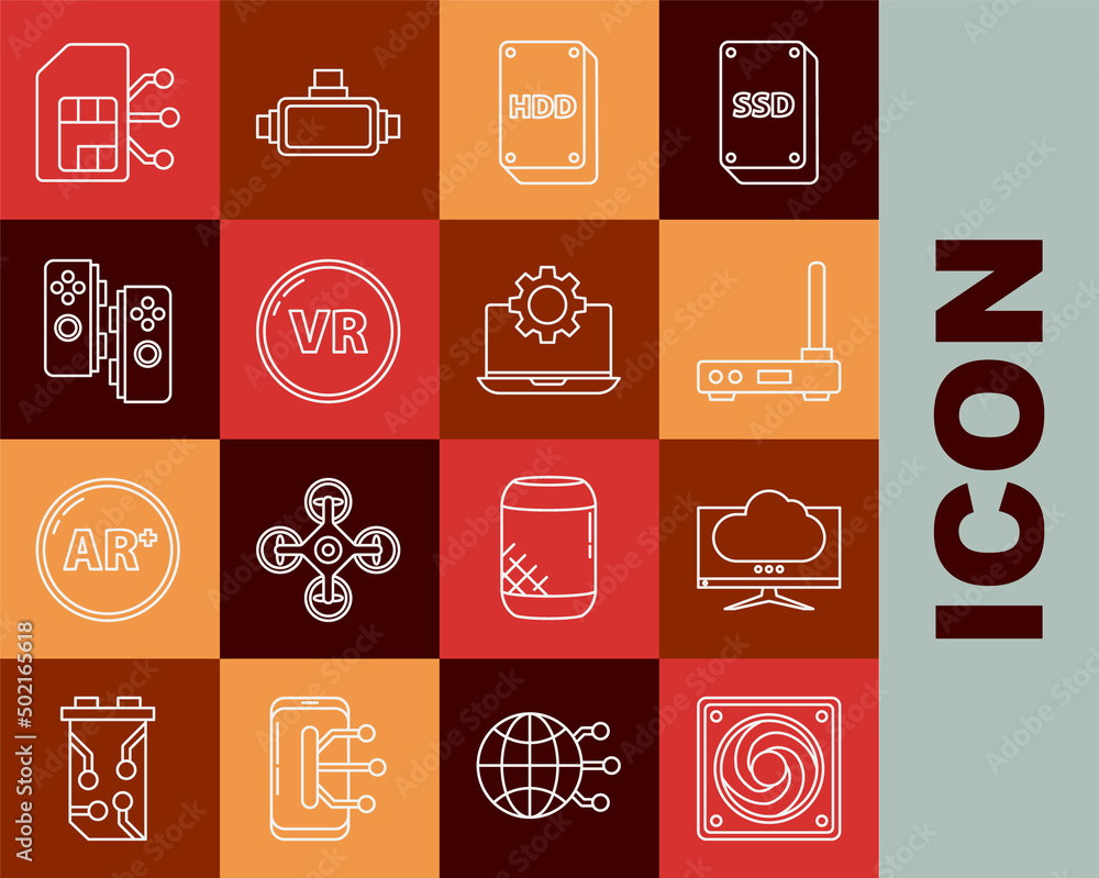 Set line Computer cooler, monitor screen, Router and wi-fi signal, Hard disk drive HDD, Virtual reality, Gamepad, Sim card and Laptop gear icon. Vector Set line Computer cooler, monitor screen, Router and wi-fi signal, Hard disk drive HDD, Virtual reality, Gamepad, Sim card and Laptop gear icon. Vector