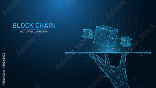Blockchain technology concept on Low poly or polygonal style design with a chain of encrypted blocks to secure cryptocurrencies and bitcoin for online payments and money transaction on virtual screen. photo