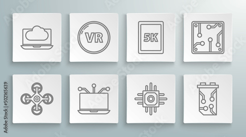 Set line Drone, Virtual reality, Laptop, Processor, Video graphic card, Tablet with text 5k, and Cloud technology data transfer and storage icon. Vector