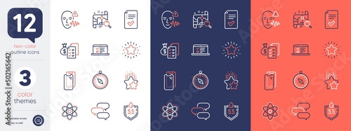 Set of Web lectures, Voice wave and Twinkle star line icons. Include Smartphone glass, Approved checklist, Ph neutral icons. Ranking stars, Search map, Chemistry atom web elements. Vector