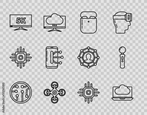 Set line Processor, Cloud technology data transfer and storage, Air headphones in box, Drone, Monitor display with 5k video, Smartphone, mobile, and Gamepad icon. Vector