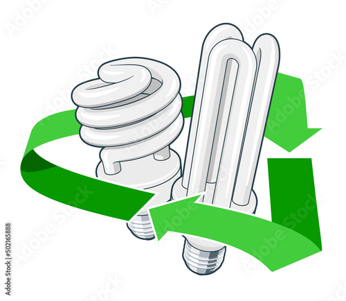 Green recycling symbol with used light bulbs inside. Concept of waste management and environmental protection. Vector isolated 3d cartoon style illustration.