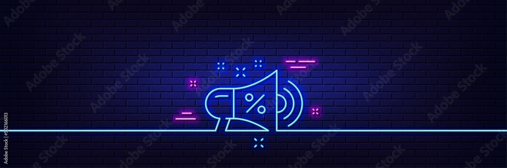 Neon light glow effect. Sale megaphone line icon. Discount shopping sign. Clearance symbol. 3d line neon glow icon. Brick wall banner. Sale megaphone outline. Vector