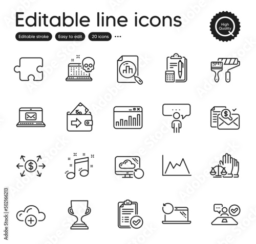 Set of Education outline icons. Contains icons as Recovery laptop, Analytics graph and Cloud computing elements. Recovery cloud, Dollar exchange, Approved report web signs. Vector
