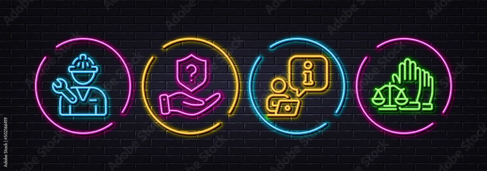 Interview, Protection shield and Repairman minimal line icons. Neon laser 3d lights. Court jury icons. For web, application, printing. Online meeting, Insurance claim, Repair service. Vector