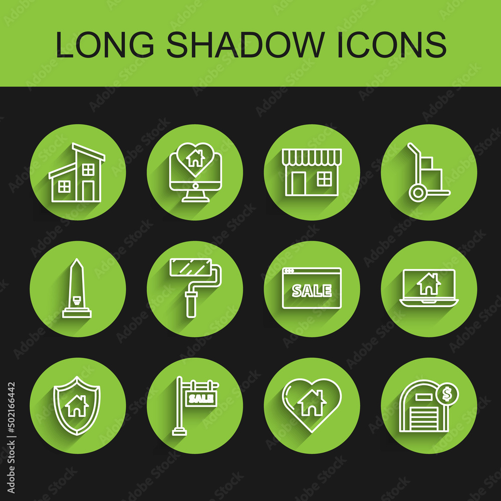 Set line House with shield, Hanging sign text Sale, heart shape, Warehouse dollar symbol, Paint roller brush, Laptop and smart home and Online icon. Vector Set line House with shield, Hanging sign text Sale, heart shape, Warehouse dollar symbol, Paint roller brush, Laptop and smart home and Online icon. Vector