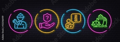 Interview, Protection shield and Repairman minimal line icons. Neon laser 3d lights. Court jury icons. For web, application, printing. Online meeting, Insurance claim, Repair service. Vector