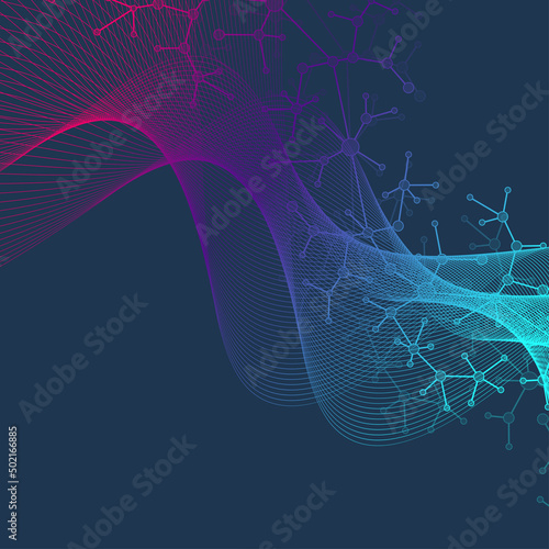 Colorful molecules background. DNA helix, DNA strand, DNA Test. Molecule or atom, neurons. Abstract structure for science or medical background, banner. Scientific illustration.