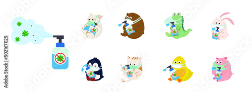Cute cartoon animals wearing medicine mask corona virus prevention measures set, Sanitizer, antiseptic, stay at home, wash hands, wear face mask, disinfecting wipes, Flat vector illustration