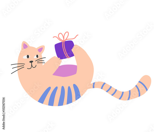 Cat with a gift box. Funny cute kitty with present. Perfect For birthday holiday and New Year. Hand drawn vector illustration, banner or card isolated on white background