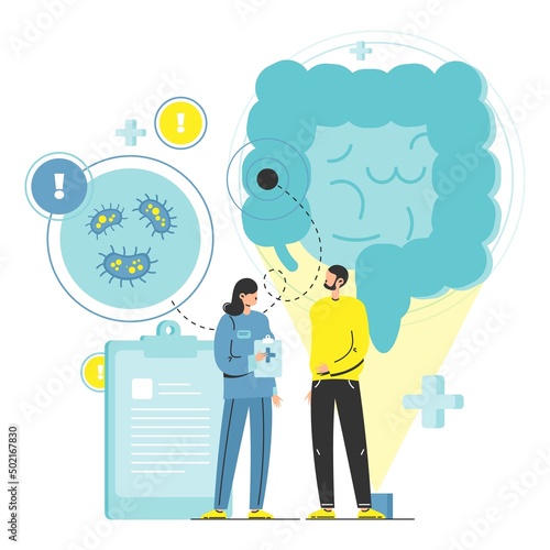 Doctor consulting patient with stomach ache vector