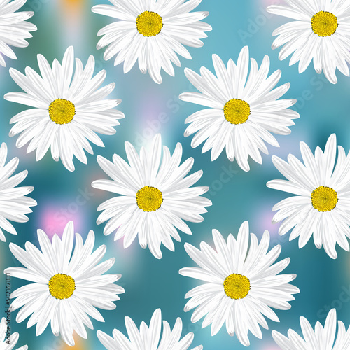 The chamomile flower. Seamless floral texture white of Daisy flower on a blue abstract background, geometric pattern