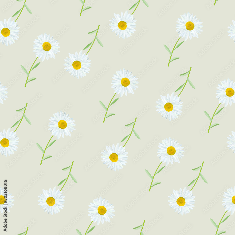 Naklejka The chamomile flower. Seamless floral texture white of Daisy flower on grey background, floral pattern