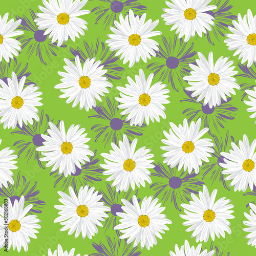The chamomile flower. Seamless floral texture white of Daisy flower on a green background in a random arrangement square format