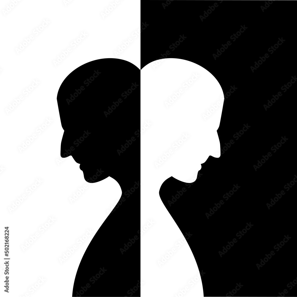 Two heads turned away from each other. Psychology, neurology concept.