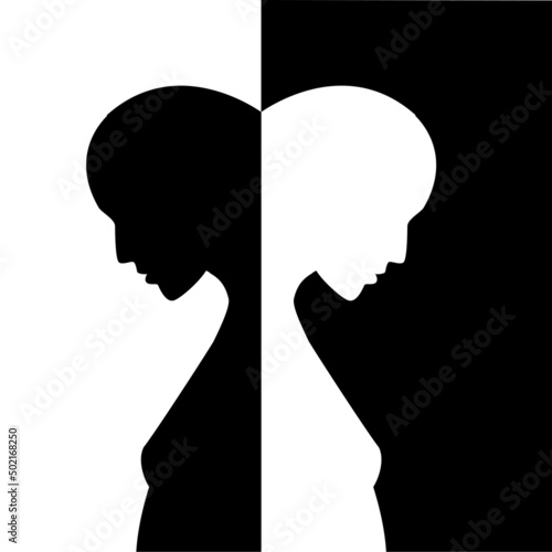 Two heads turned away from each other. Psychology, neurology concept.