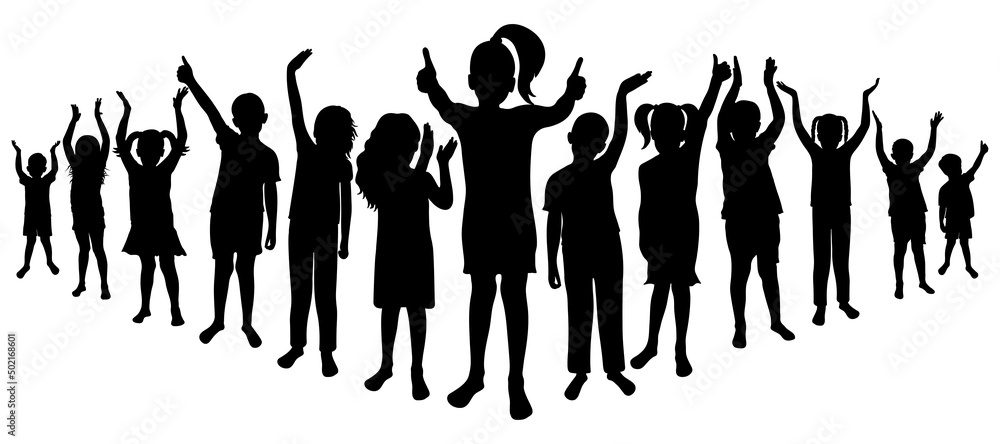 Cheerful crowd of children. Silhouettes of saluting, applauding, happy boys and girls in full growth. Vector illustration