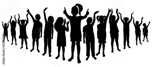 Cheerful crowd of children. Silhouettes of saluting, applauding, happy boys and girls in full growth. Vector illustration