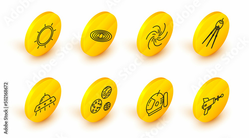 Set line Ray gun, Astronaut helmet, Planet, UFO flying spaceship, Satellite, Black hole, and Sun icon. Vector