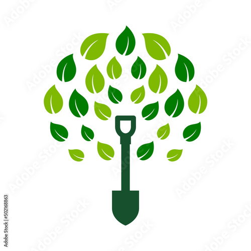 Reforestation concept. Tree with shovel. Plant a tree idea. Landscaping business logo. Spade tree trunk. Environmental conservation. Organic agriculture product. Vector illustration, flat, clip art. 