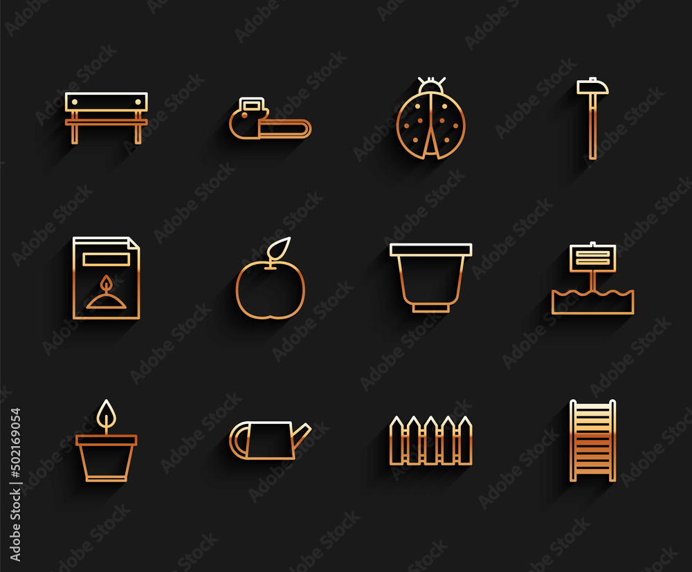 Set line Plant in pot, Watering can, Bench, Garden fence wooden, Wooden staircase, Apple, Blank sign board and Flower icon. Vector Set line Plant in pot, Watering can, Bench, Garden fence wooden, Wooden staircase, Apple, Blank sign board and Flower icon. Vector