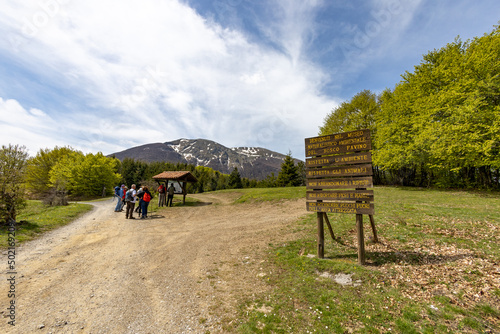 hikers in Beech forest of Bosco di Favino, on the slopes of Mount Alpi. Lucan Apennines, Basilicata, Italy