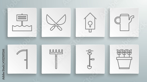 Set line Scythe, Gardening handmade scissors, rake, Grass weed electric string trimmer, Plants pot, Retro wall watch, Watering can and Blank wooden sign board icon. Vector