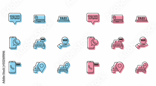Set line Taxi call telephone service, Map pointer with taxi, car, Hand map, and Laptop location marker icon. Vector
