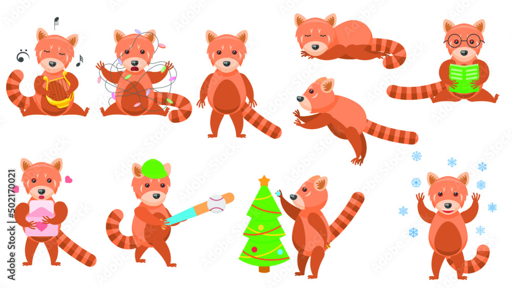 Fototapeta premium Big Set Abstract Collection Flat Cartoon Different Animal Red Pandas Vector Design Style Elements Fauna Wild