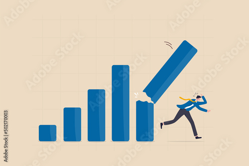 Economic recession from high inflation, stock market crash, crisis or depression, investment risk or price drop causing money loss concept, fear businessman investor run away from collapsing graph.
