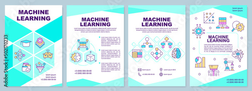 Machine learning brochure template. Data collection and processing. Leaflet design with linear icons. 4 vector layouts for presentation, annual reports. Arial-Black, Myriad Pro-Regular fonts used
