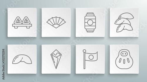 Set line Chinese fortune cookie, Paper chinese japanese folding fan, Temaki roll, National flag of Japan on pole, Maneki neko cat, Japanese paper lantern, and Sushi cutting board icon. Vector