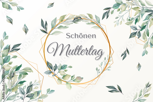 Karte oder Banner zum "Muttertag" in Grau mit einem goldenen Kreis und einer Raute in Grüntönen und grünem Laub rundum auf einem cremeweißen Hintergrund