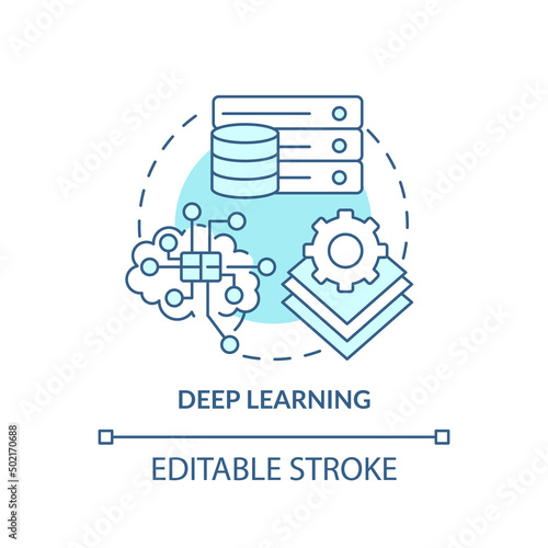 Deep learning turquoise concept icon. Excessive amount of data. Machine learning abstract idea thin line illustration. Isolated outline drawing. Editable stroke. Arial, Myriad Pro-Bold fonts used