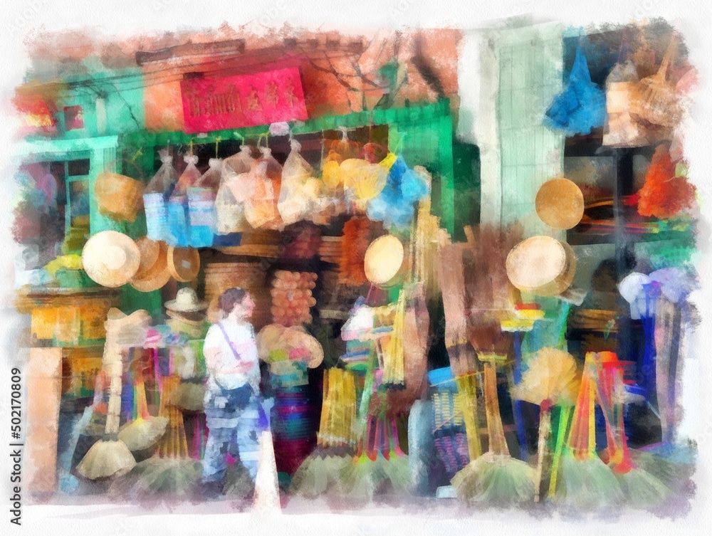 Bamboo wares and bamboo basketry shops watercolor style illustration impressionist painting.