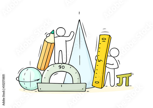 Cartoon little people with mathematical symbols.