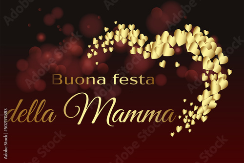 biglietto o striscione per una felice festa della mamma in oro su sfondo sfumato marrone e nero con cerchi effetto bokeh e mezzo cuore dorato formato da cuori in colore oro