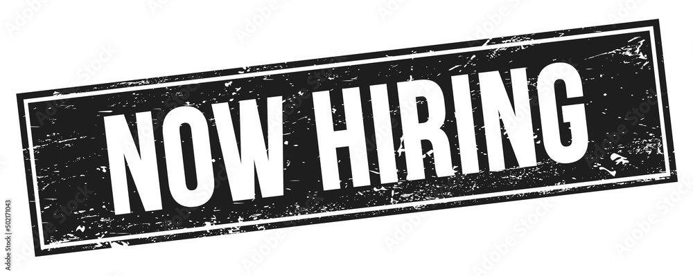Fototapeta premium NOW HIRING text on black grungy rectangle stamp.