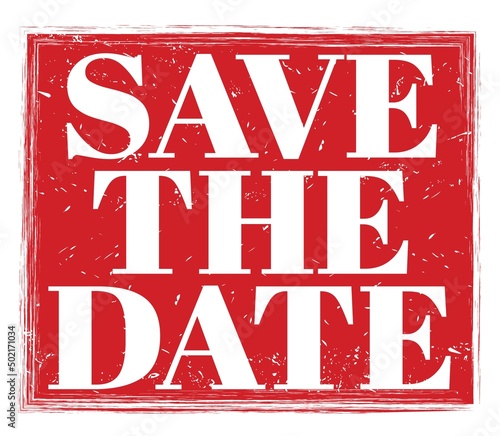 SAVE THE DATE  text on red stamp sign