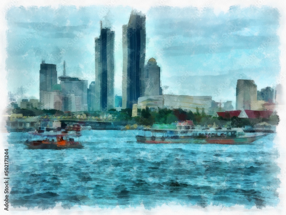 Landscape of the Chao Phraya River in Bangkok Thailand watercolor style illustration impressionist painting.