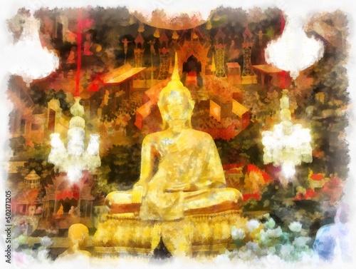 Wallpaper Mural Landscape of ancient architecture and ancient art in Bangkok of Thailand watercolor style illustration impressionist painting. Torontodigital.ca