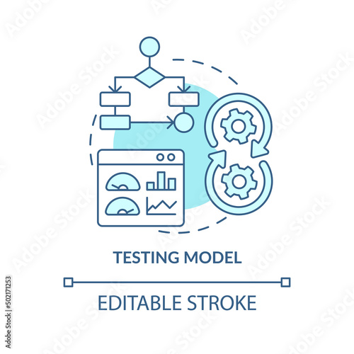 Testing model turquoise concept icon. Problem solving step in machine learning abstract idea thin line illustration. Isolated outline drawing. Editable stroke. Arial, Myriad Pro-Bold fonts used