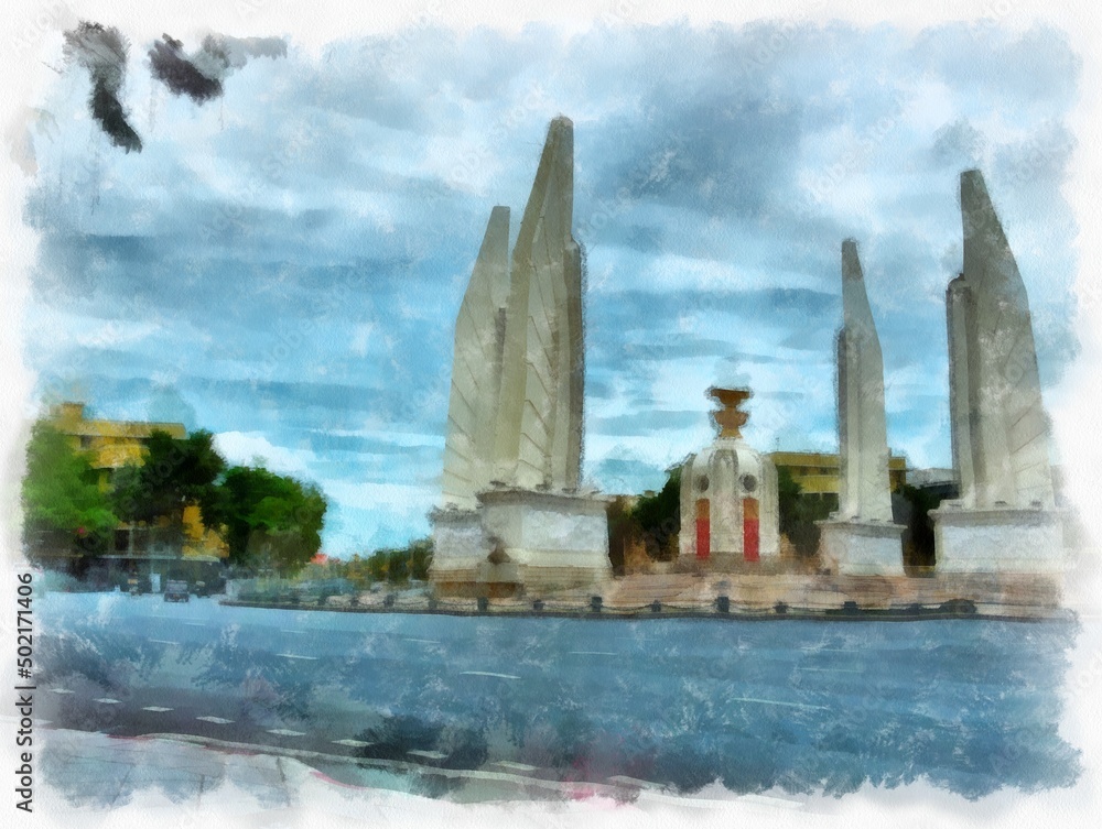 Landscape of Democracy Monument in Bangkok of Thailand watercolor style illustration impressionist painting.
