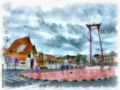 Landscape of ancient architecture and ancient art in Bangkok of Thailand watercolor style illustration impressionist painting.