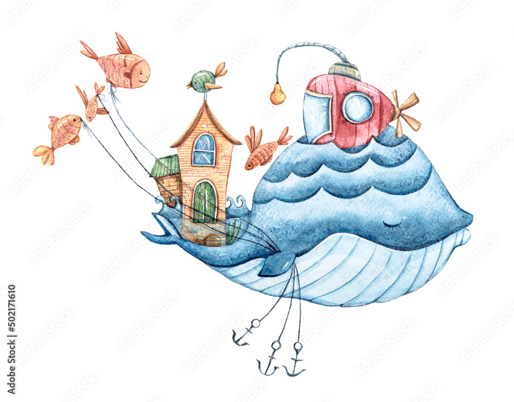 Cute kids watercolor ocean animal clipart on white background, hand