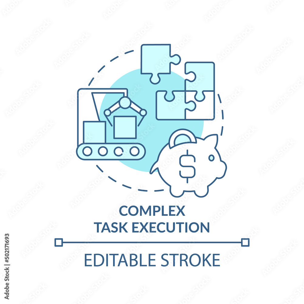 Complex task execution turquoise concept icon. Artificial intelligence advantage abstract idea thin line illustration. Isolated outline drawing. Editable stroke. Arial, Myriad Pro-Bold fonts used
