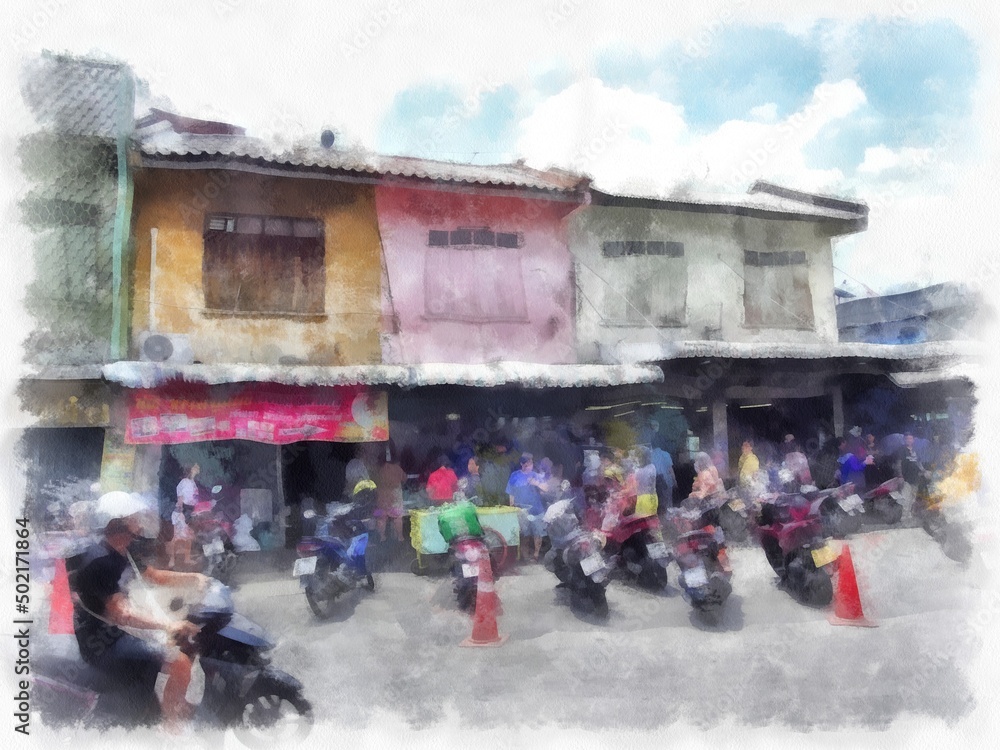 The landscape of ancient shophouses in Bangkok watercolor style illustration impressionist painting.