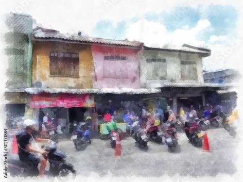 The landscape of ancient shophouses in Bangkok watercolor style illustration impressionist painting. © Kittipong