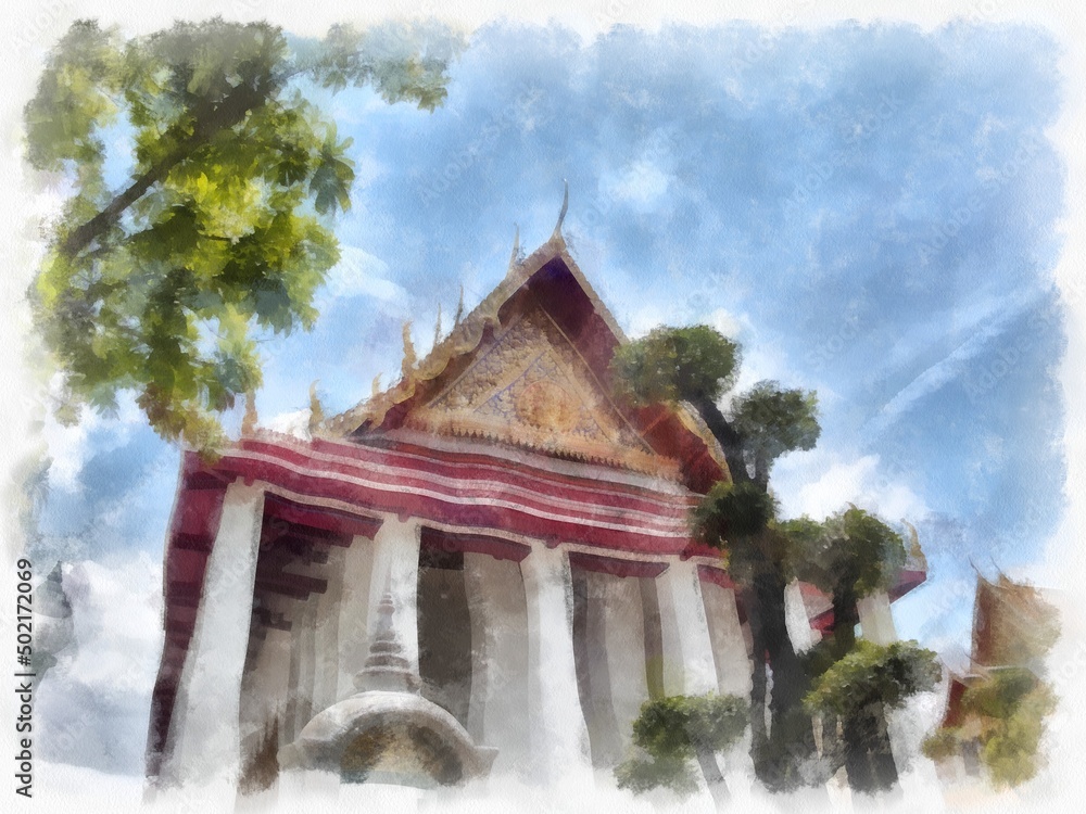 Landscape of ancient architecture and ancient art in Bangkok of Thailand watercolor style illustration impressionist painting. Landscape of ancient architecture and ancient art in Bangkok of Thailand watercolor style illustration impressionist painting.