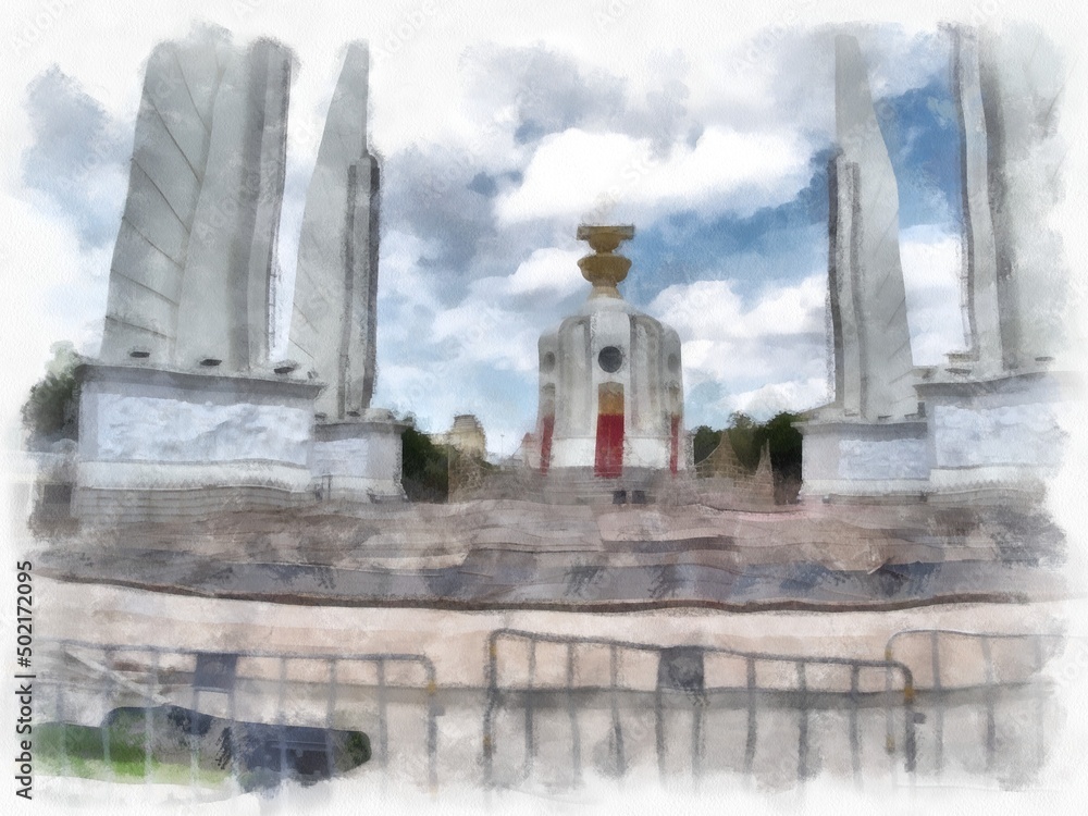 Landscape of Democracy Monument in Bangkok of Thailand watercolor style illustration impressionist painting.